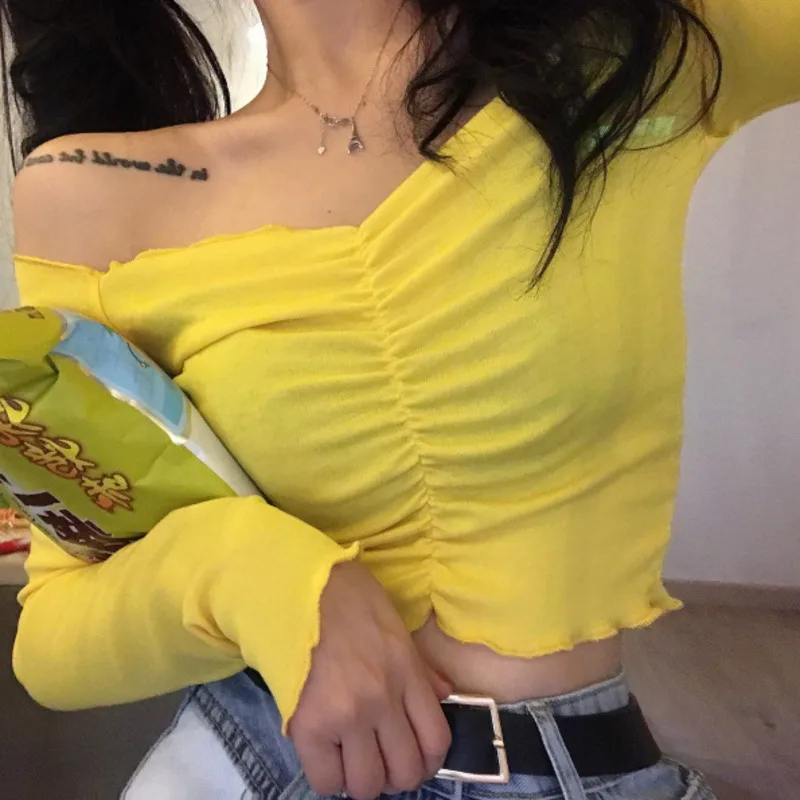 Пикантная женская футболка с открытыми плечами облегающие топы черный красный