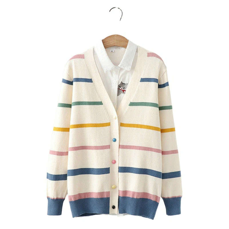 

Merry Pretty Women Cardigans and Sweaters Girls Colorful Rainbow Striped Knitted Cardigans Female Fall Winter Sweet Knit Outwear