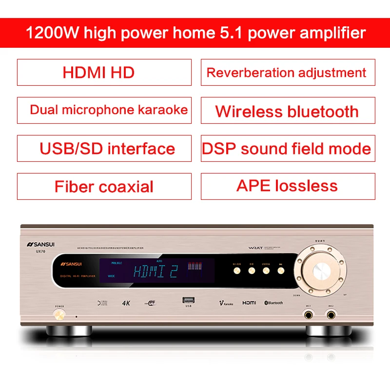

1200W 5.1 High-power Amplifier UX70 HD Bluetooth Home Theater Audio Lossless Fever Hifi Subwoofer Amplifier Fiber Coaxial