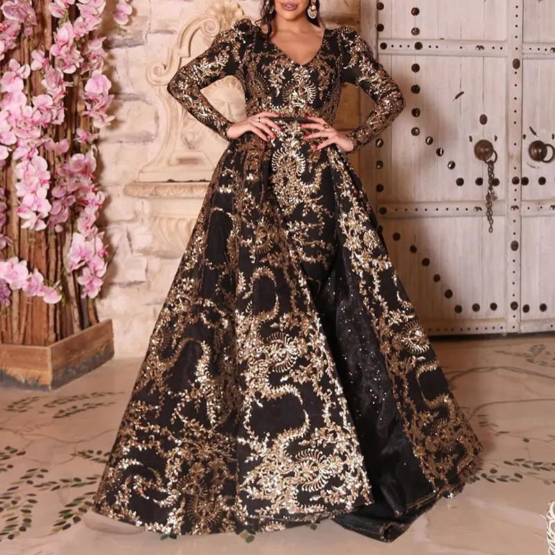 

New Hot 2021 African Dresses For Women Evening Dress Black Golden Sequins Beaded Formal Long Evening Party Dress Africa Clothing