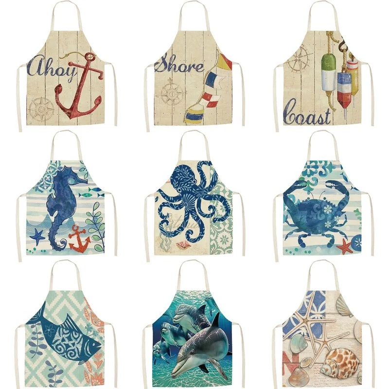 

Linen Ocean Art Oil Painting Theme Print Kitchen Aprons Unisex Dinner Party Cooking Bib Funny Pinafore Cleaning Apron 799