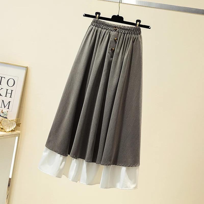 

Plus Size Pleated Skirts Women 2021 Spring Fashion A-line Patchwork Button Loose Vintage Korean Skirts Female Oversize Clothes