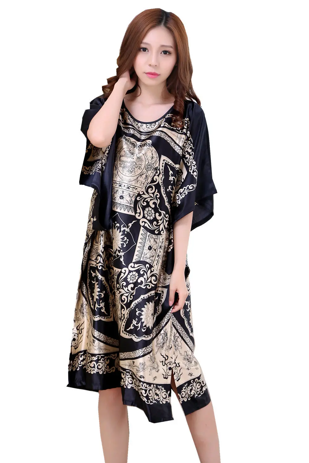 Plus Size Summer Women's Faux Silk Nigh Robe Black Lady Bath Gown Nightgown Bathrobe Sleepwear Mujer Pijama Flower Zh07C | Женская