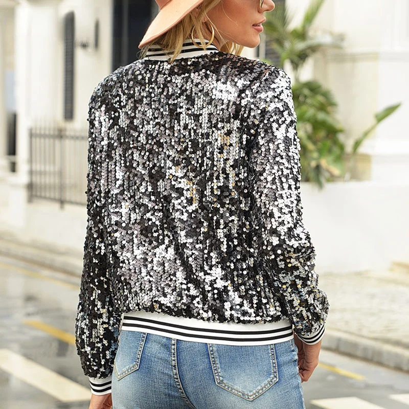 Women Sequin Jackets Glitter Long Sleeve Coats Elegant Spring Outwear Office Ladies Solid Streetwear