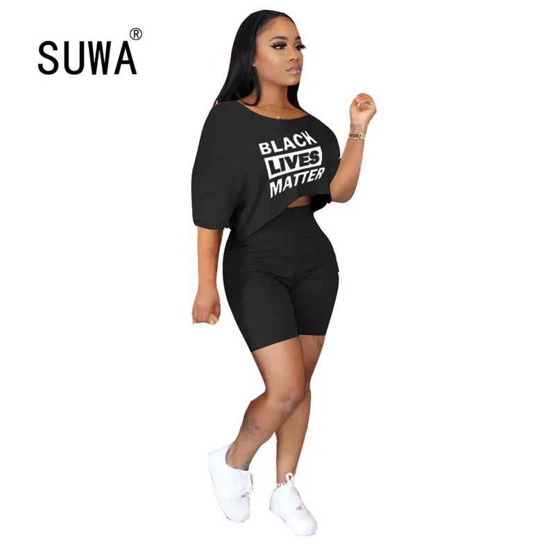

Women workout clothes 2020 two piece matching sets letter oversize tee shirts + high waist stacked legging biker shorts