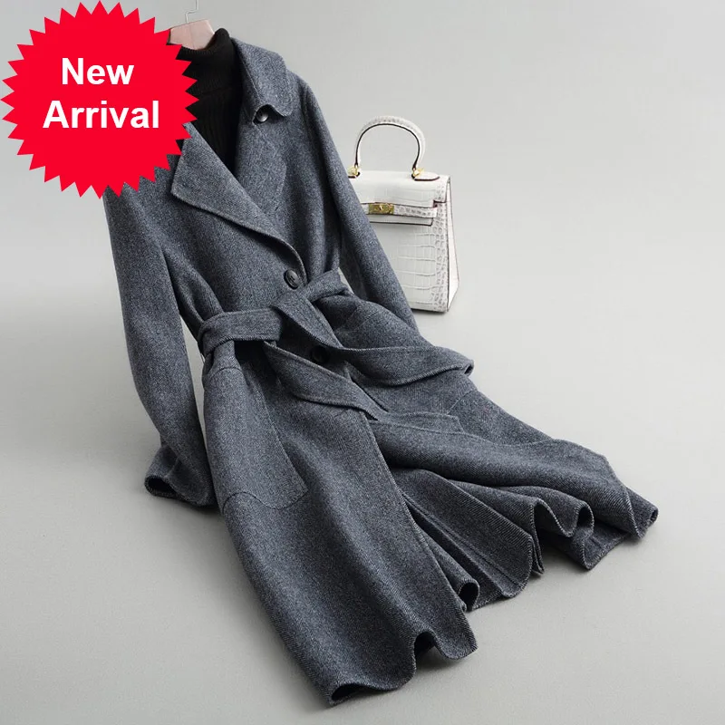 

Женская шерстяная куртка в елочку A38047, новинка осень/зима 2020, женское длинное стильное шерстяное пальто с карманами для отдыха