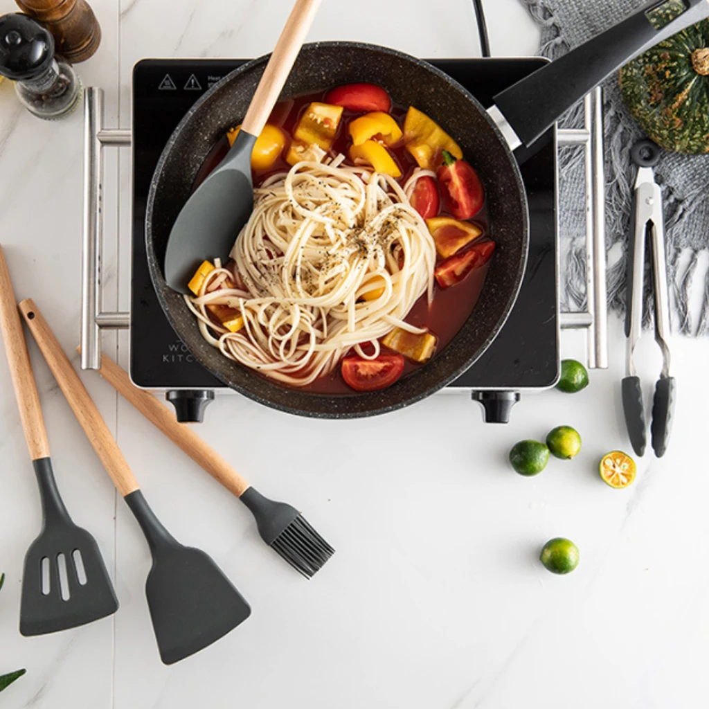 Silicone Spatula Heat-resistant Soup Spoon Non-stick Cooking Cookware Kitchen Tools None Toxic Bamboo Handles Cooking Tool 1 Pcs