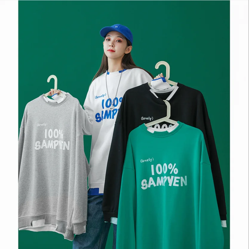 

Black Grey White Green Orange Color Woman Spring Sweaters Autumn Letter Printing Cotton Ladies Fake Two Piece Fashion Pullovers