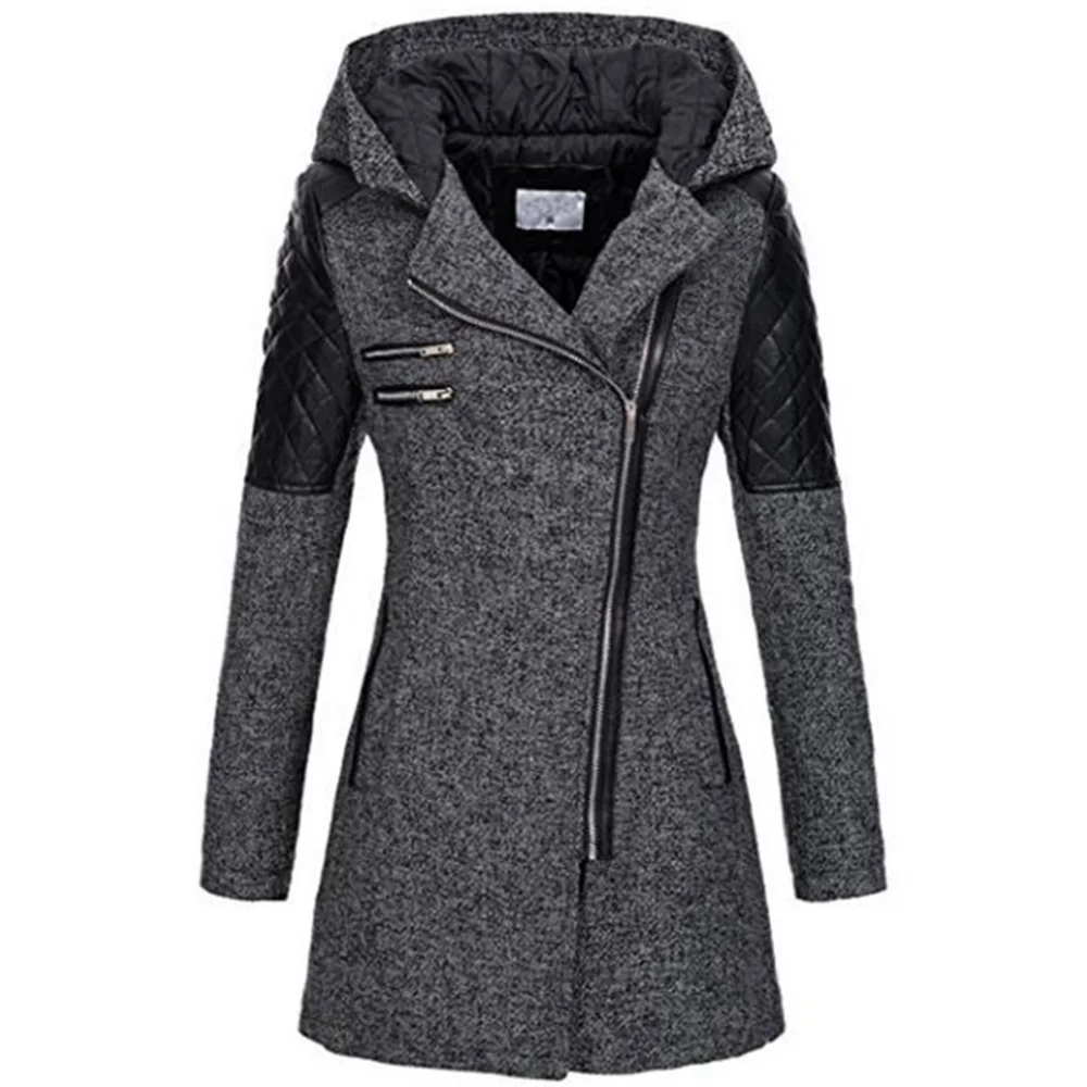 

Women Winter Hooded Jacket Coat Autumn Zipper Slim Outerwear Fashion Patchwork Black Female Warm Plus Size Long Coats Lady