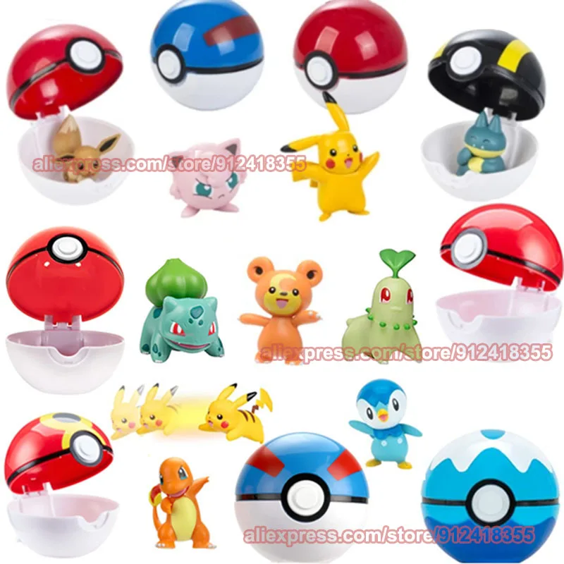 Anime Squirtle Pikachus Piplup Mimikyu Chikorita Eevee Charmander Cilp n Go Pokeball Pokemons Action Figure Dolls Toys Kids Gift | Игрушки и