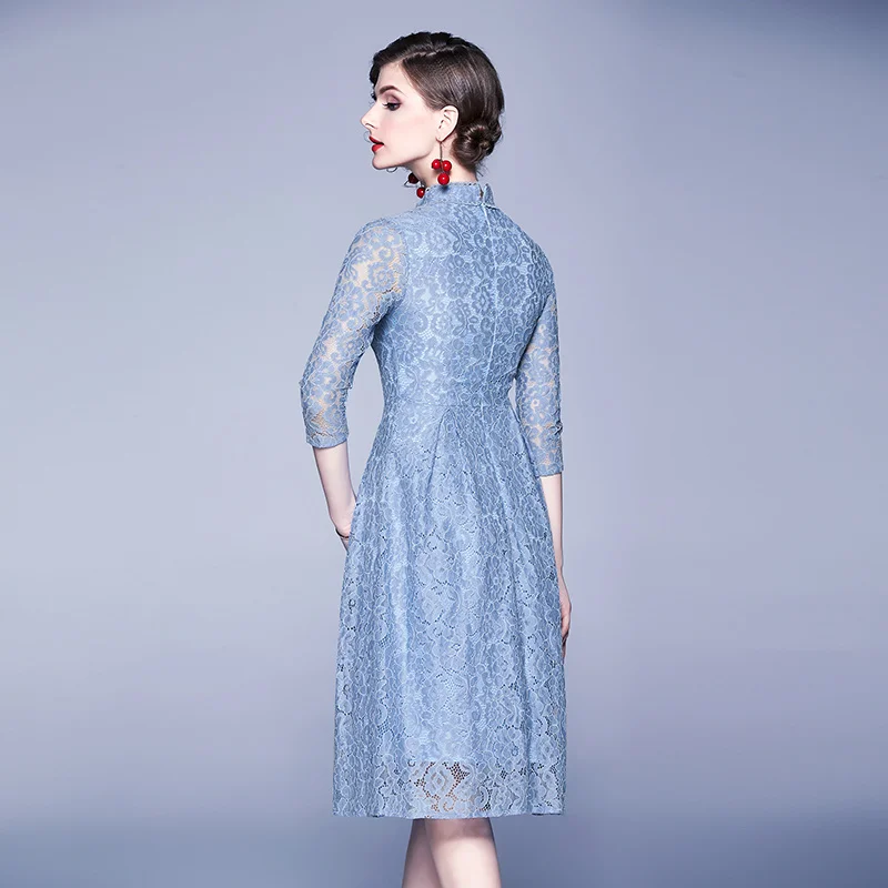 

COIGARSAM Patchwork Women dress New Lace Dresses Light Blue 8606
