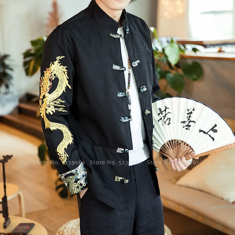 Китайский мужской кардиган с вышивкой дракона костюм Hanfu Rotre японская форма кунг