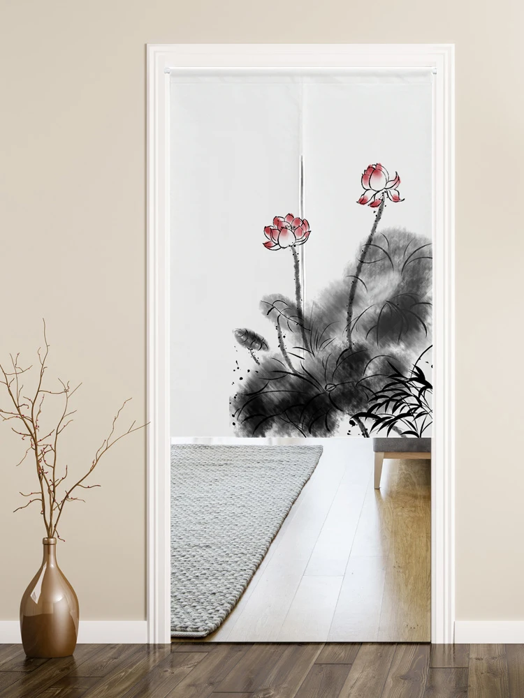 

Simple Fashion Cotton and Linen Door Curtain Creative Ink Lotus Landscape Partition Curtain Feng Shui Curtain Home Decor