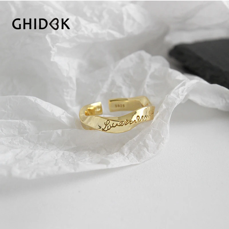 GHIDBK золотистого цвета скрученный открытые кольца в S925 Серебряное регулируемое