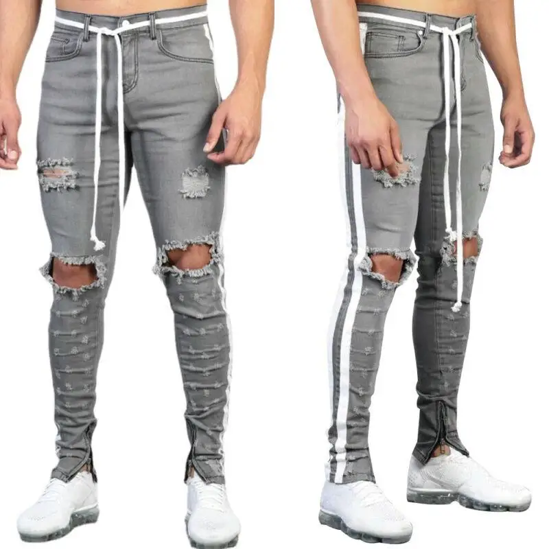 

Mens Distressed Long Jeans Pants Slim Fit Casual Holiday Knee Ripped Trousers