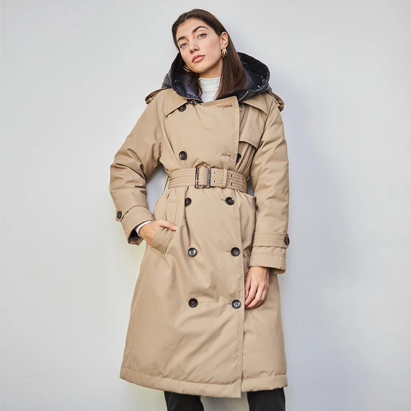 British Down Trench Coat Winter White Duck Down Jacket Women Hooded Long Thick Warm Jackets Puffer Feather Female Parka Mujer