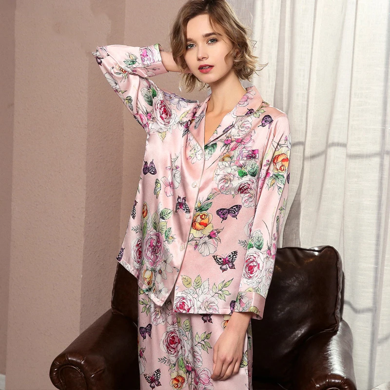 2020 new Heavy silk Pajamas women Suit Long sleeve printing Simplicity silk Tracksuit
