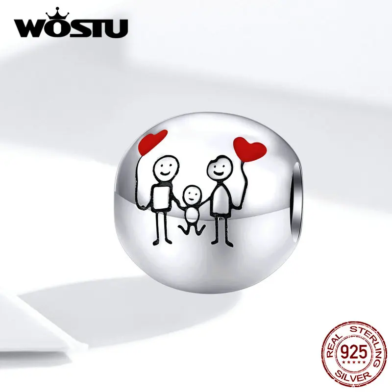 WOSTU Happy family, бусины, 925 пробы, серебро, My family, круглые подвески, подходят к оригинальному браслету, подвеске, сердцу, удача, ювелирное изделие DXC1339
