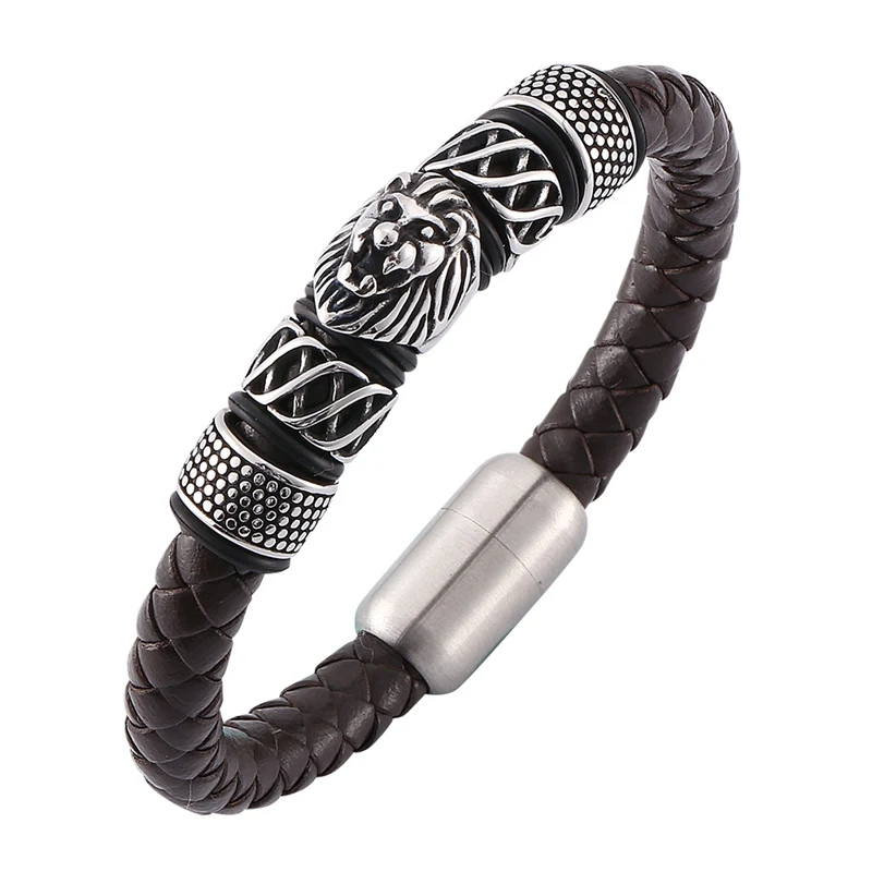 

Men Brown Braided Leather Lion Bracelet Charm Stainless Steel Magnetic Clasp Cool Man Bracelets Bangles PD0137