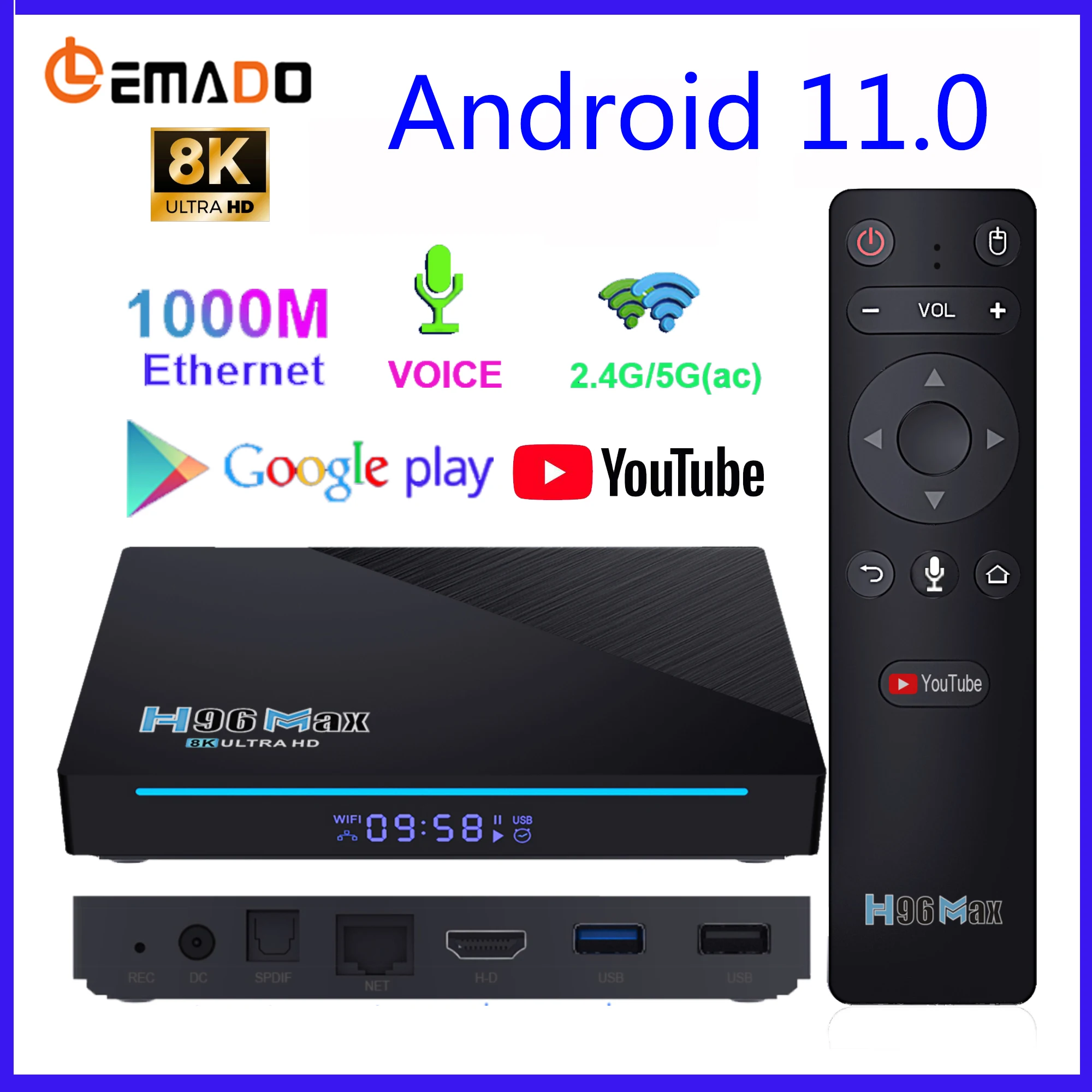 H96 Max тв приставка smart tv андроид 11 1000M Ethernet 8K декодер 4K Ultra Hd Yotube медиаплеер Google Play HDR