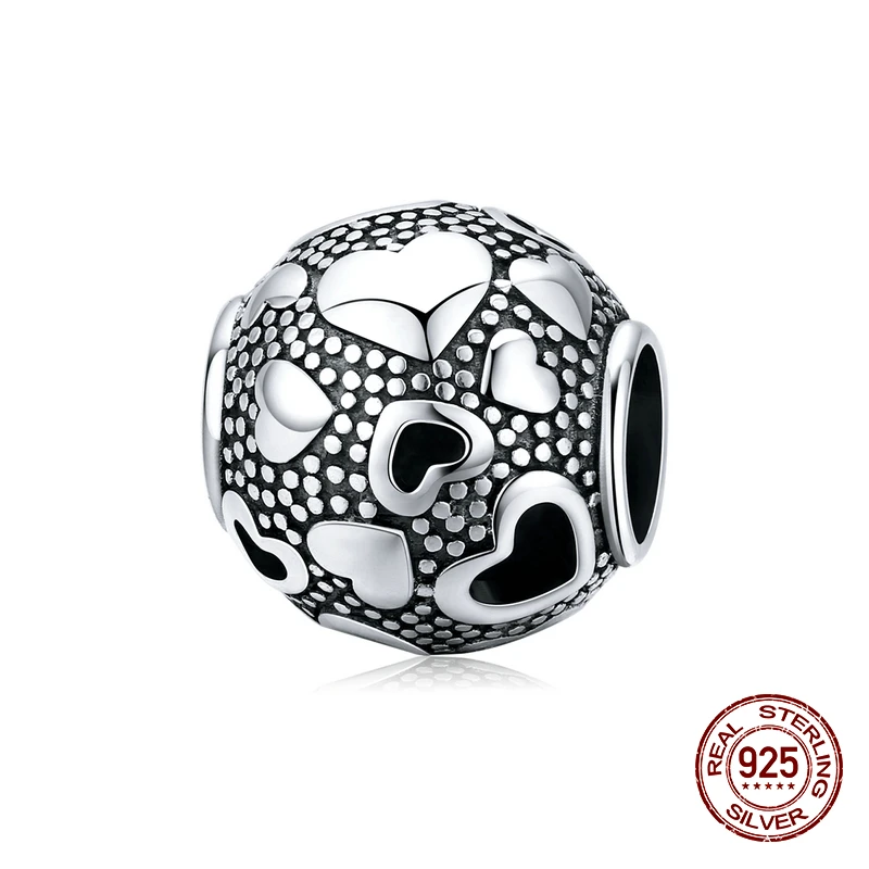Настоящее серебро 925 пробы Ретро стиль бусины в форме сердца Круглый Шарм