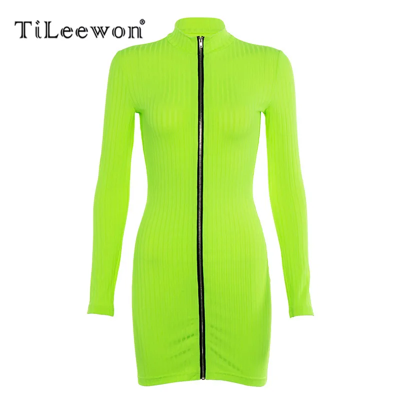 Tileewon Женская одежда с длинным рукавом осенне-зимнее платье на молнии высоким