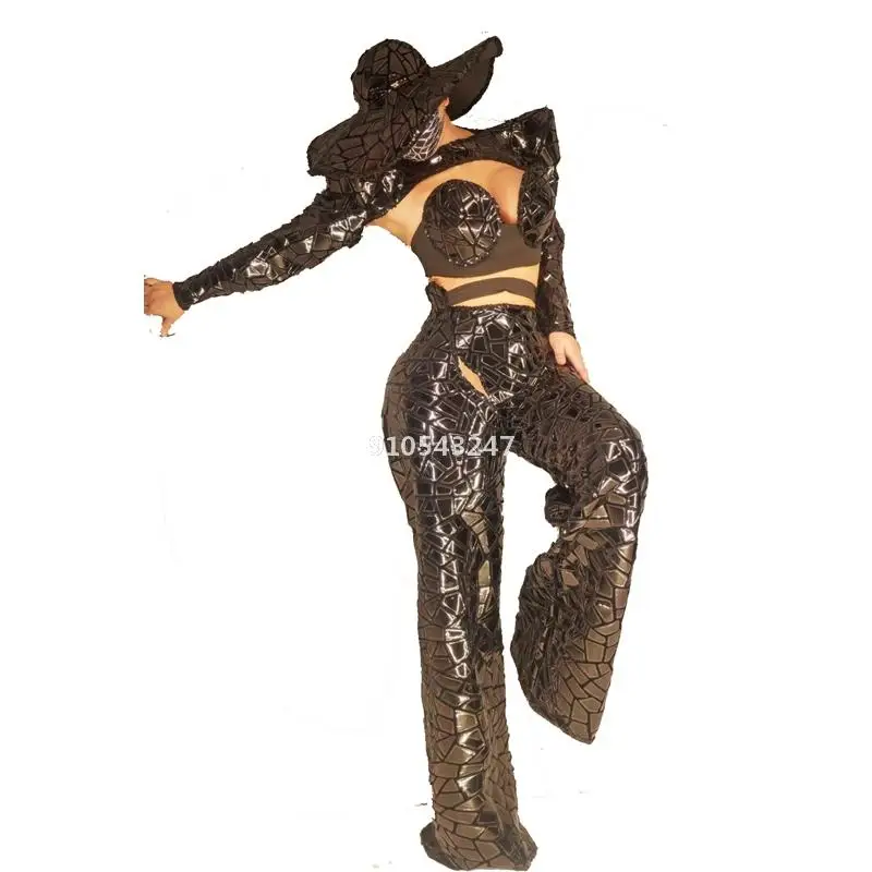 Черные блестки Бюстгальтер Брюки шаль шапка комплект одежды для женщин танцор