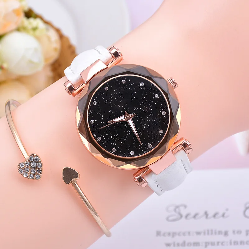 White no bracelet Модные женские часы Звездное небо, лидер продаж, кожаный браслет, кварцевые наручные часы, повседневные женские часы, Relogio Feminino - Цвет: White no bracelet