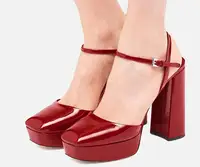 Black Beige Red Patent Leather Buckle Strap Platform Sandals Closed Square Toe 11 cm Chunky Heels Party High Heel Sandals Woman