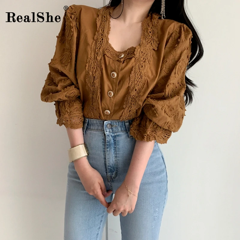 RealShe женские блузки и топы с квадратным воротником длинными расклешенными