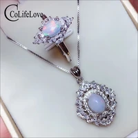 colife jewelry vintage 925 silver opal jewelry 68mm natural white opal ring opal pendant set fashion jewelry set for party