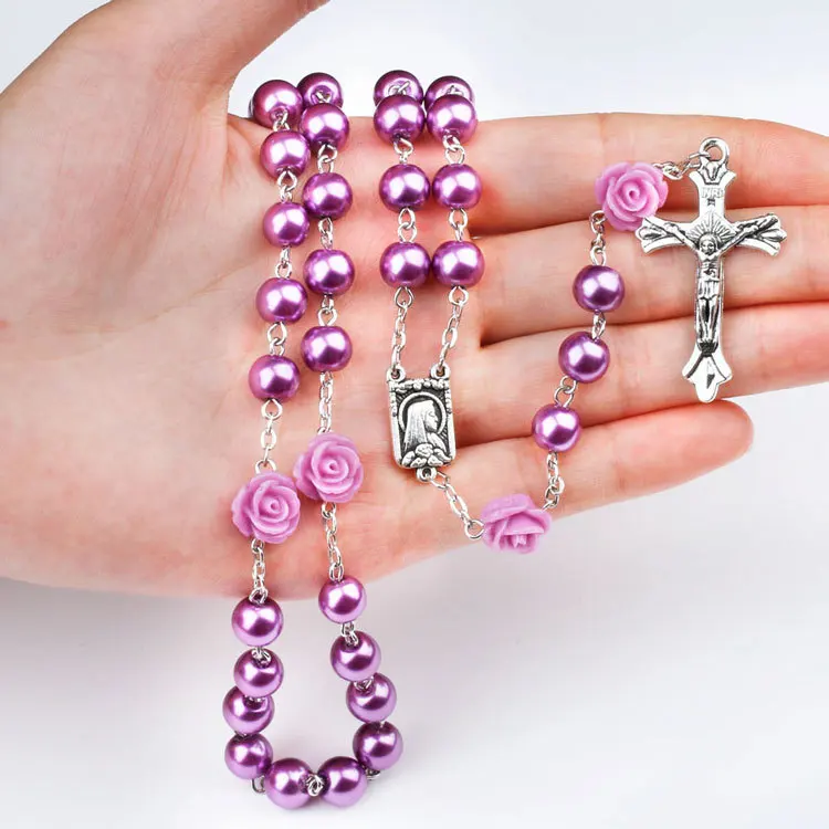 

White Purple Pink Imitation Pearl Rose Catholic Rosary Necklace Mary Cross Religious Necklace