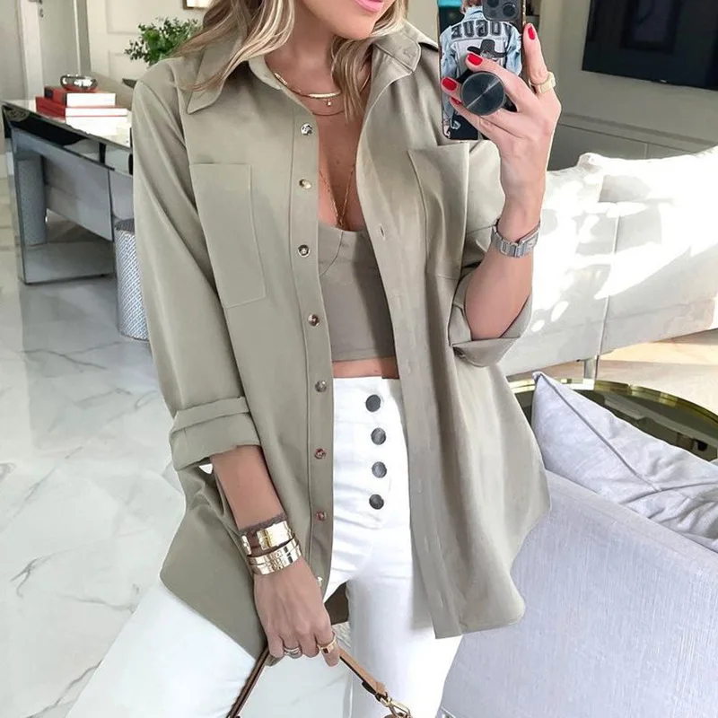 

Women Autumn Shirt Solid Color Turn-down Collar Button Long Sleeve Loose Shirt Casual Fashion New Lady Tops Basic