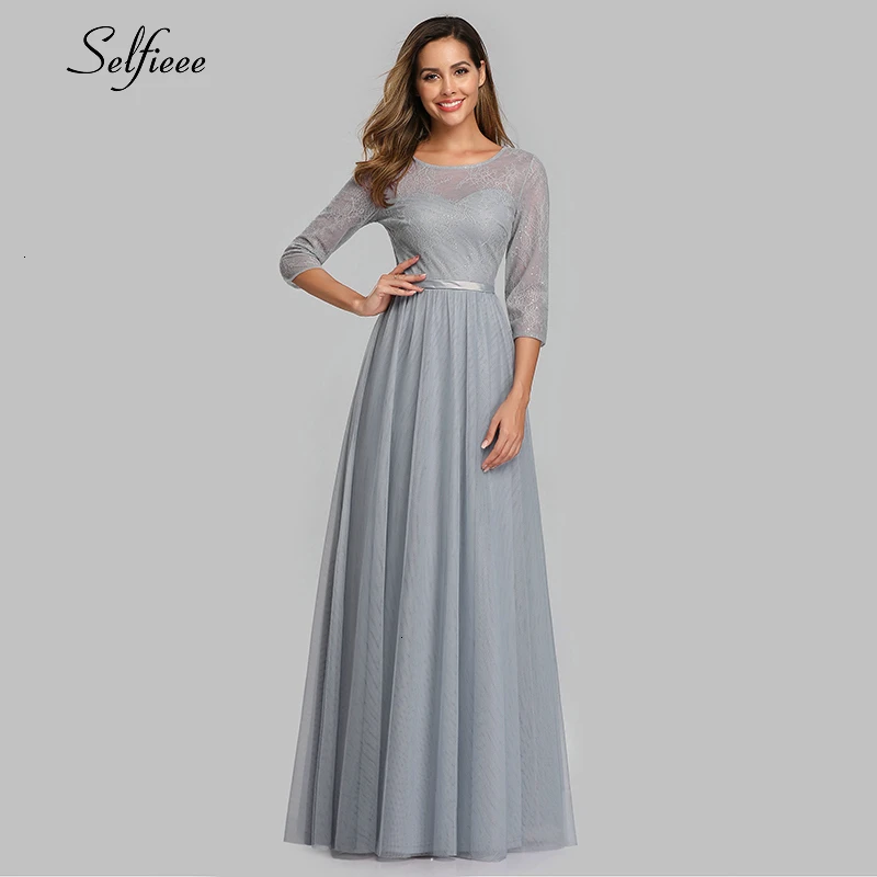 Женское кружевное платье-макси с круглым вырезом и рукавом 3/4 | Женская одежда