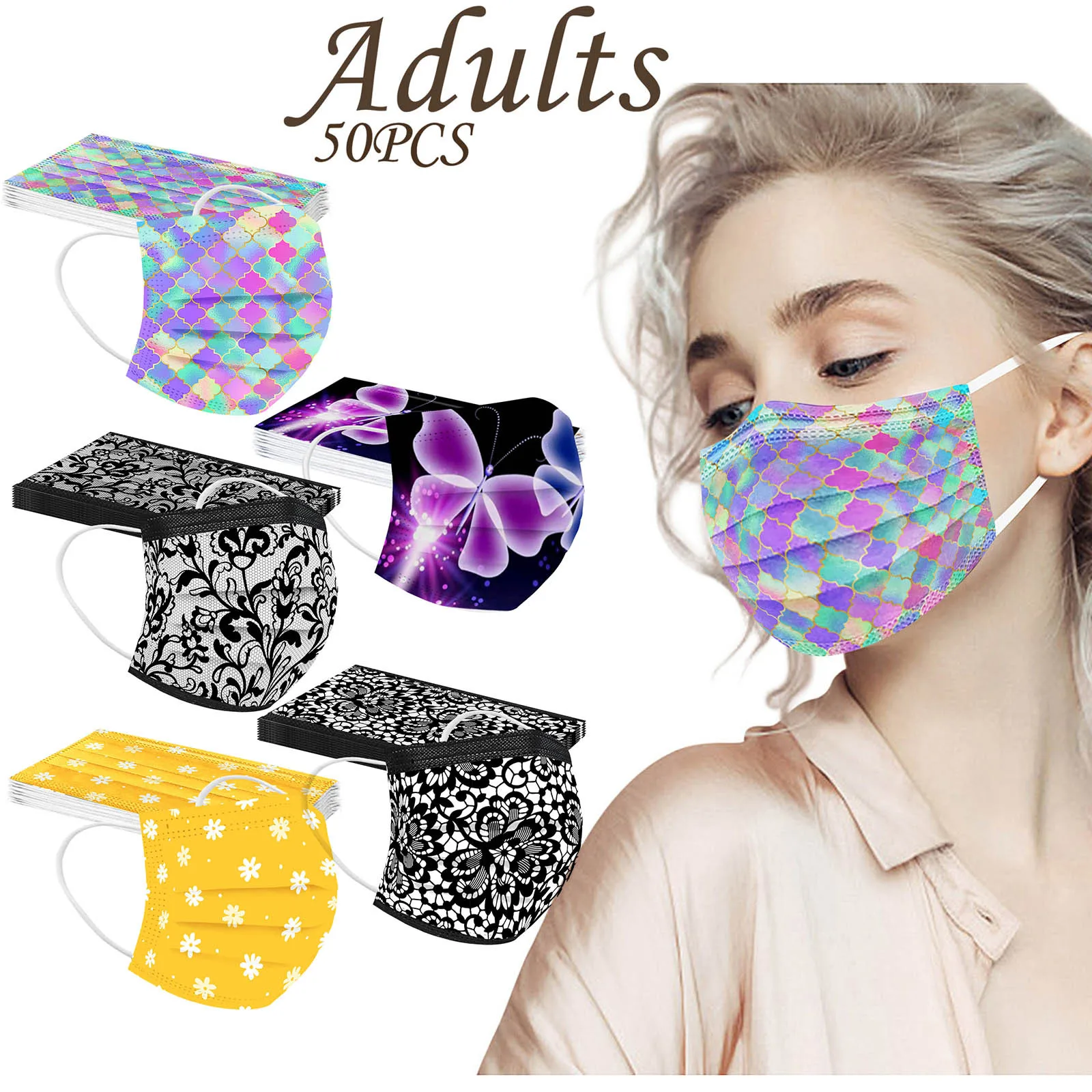

50pcs Adult Tie-dye Face Mask 2021 Fashion Gradient Butterfly Printed Disposable Masks 3 Ply Non-Woven Dustproof Mask Mascarilla