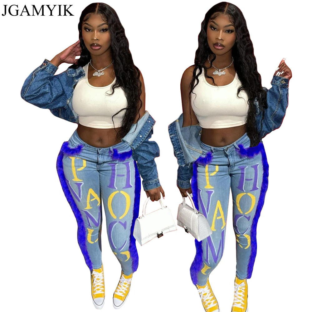 

JGAMYIK Blue Tassel Patchwork y2k Jeans Woman Letter Print Streetwear Pencil Pants Women Sexy Harajuku Fashion Denim Trousers