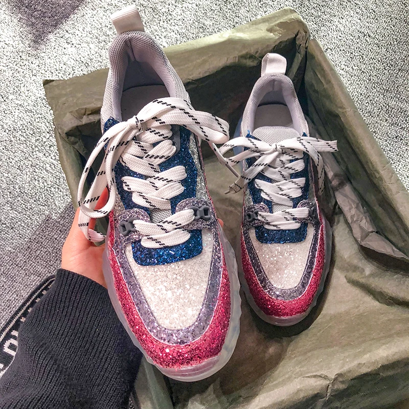 Женские блестящие кроссовки на платформе модные брендовые массивной подошве с