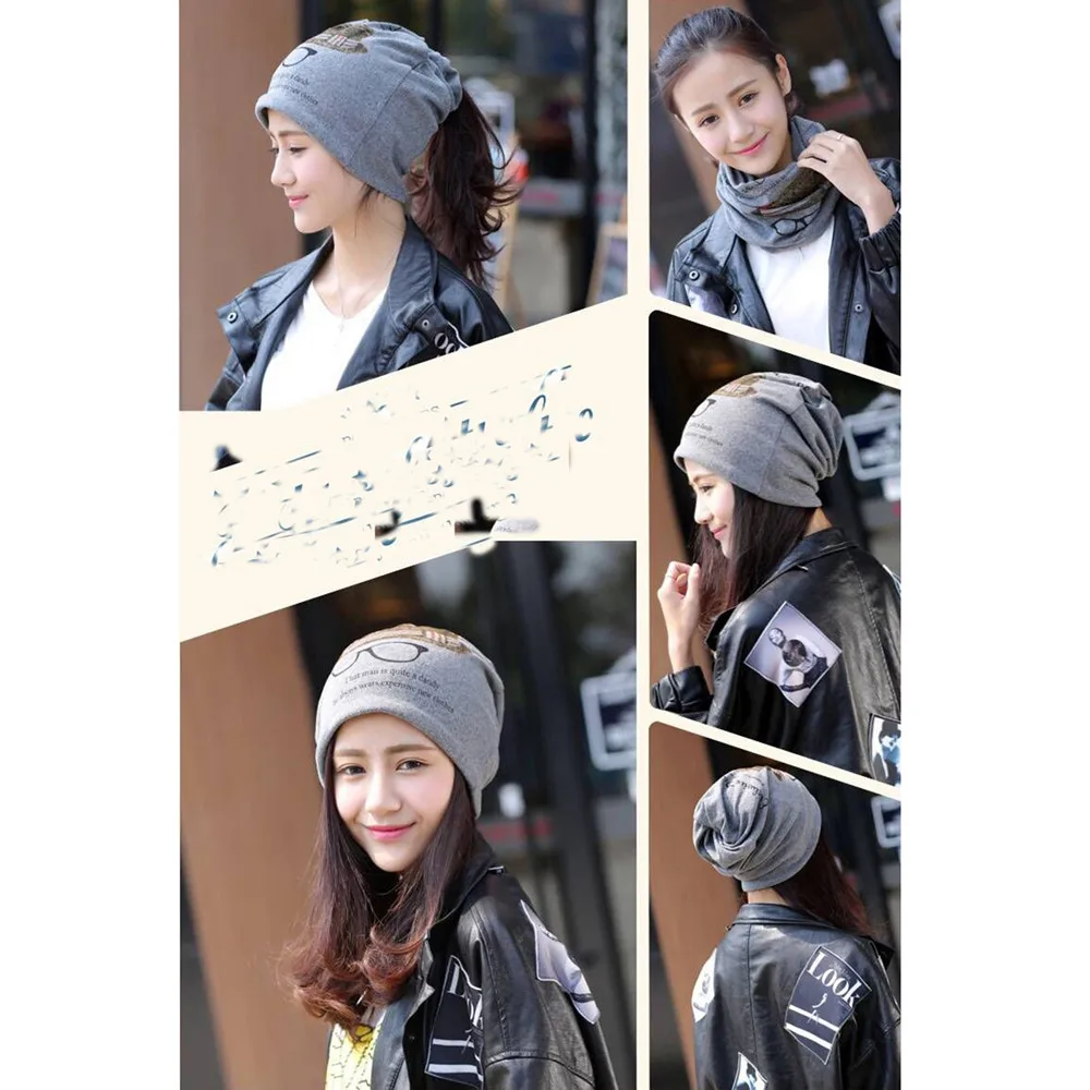 

New Autumn/Winter Prints Women's Headgear for Outdoor Cycling Winter Warm Soft Cotton Baggy Beanie Cap Ponytail Stretch Hats Ski