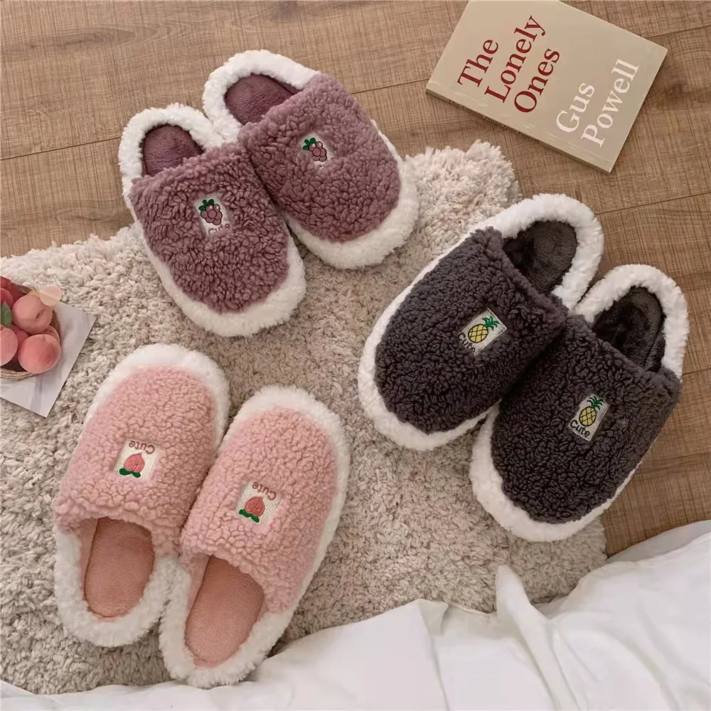 

Winter Cute Pink Peach Pattern Slippers House Fur Slippers Warm Plush Non-slip Bedroom Ladies Cotton Shoes Home Fluffy Slippers