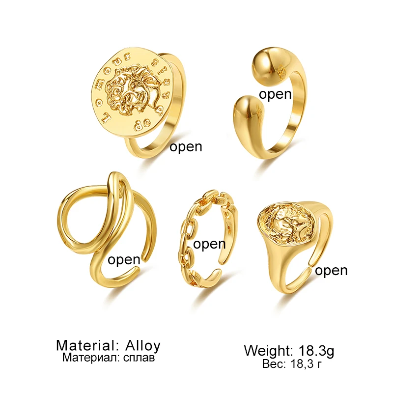 

Punk Golden Portrait Coin Chain Geometric Rings Set NEW Fashion Open Rings For Women 2021Trend Jewelry Gifts