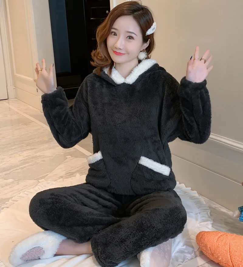 Осень Зима Женская домашняя одежда костюм толстый теплый коралловый фланелевая