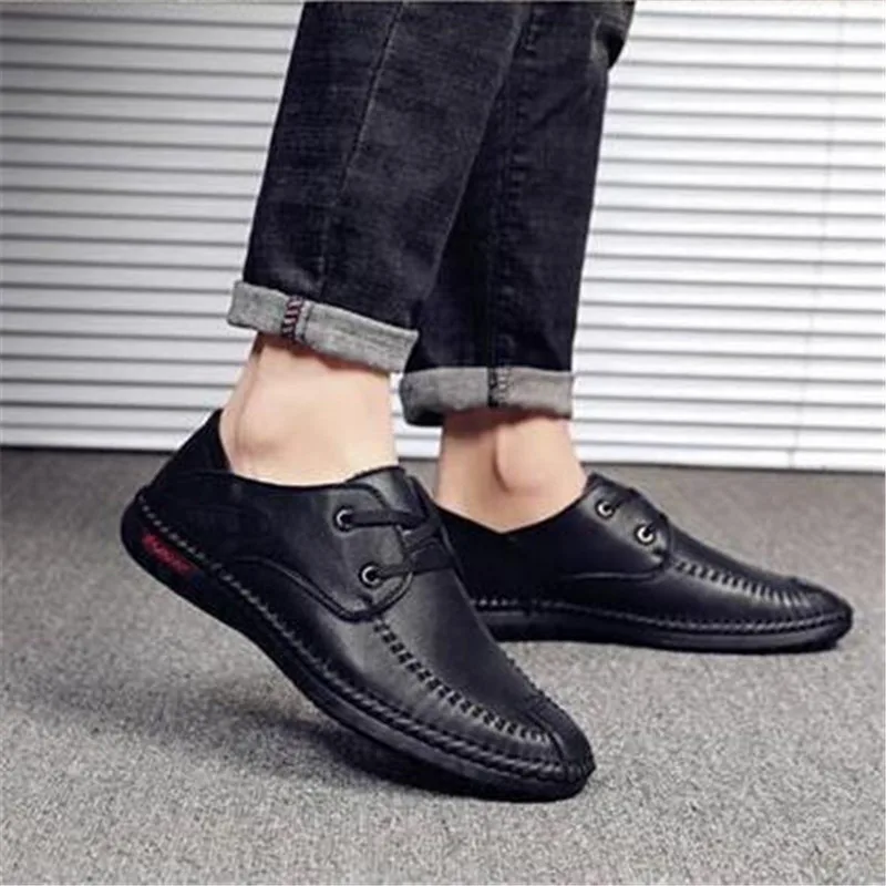 

New Comfortable Genuine Leather Lace-Up Casual Shoes Loafers Men Shoes Quality Split Leather Shoes Men Flats Moccasins Shoes
