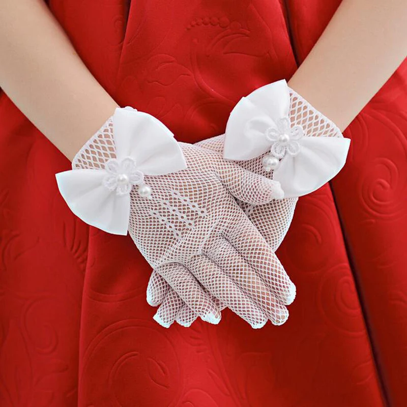 

Exquisite White Lace Faux Pearl Fishnet Gloves Communion Flower For 4-15 Years Girls Kids Bride Party Ceremony Accessories