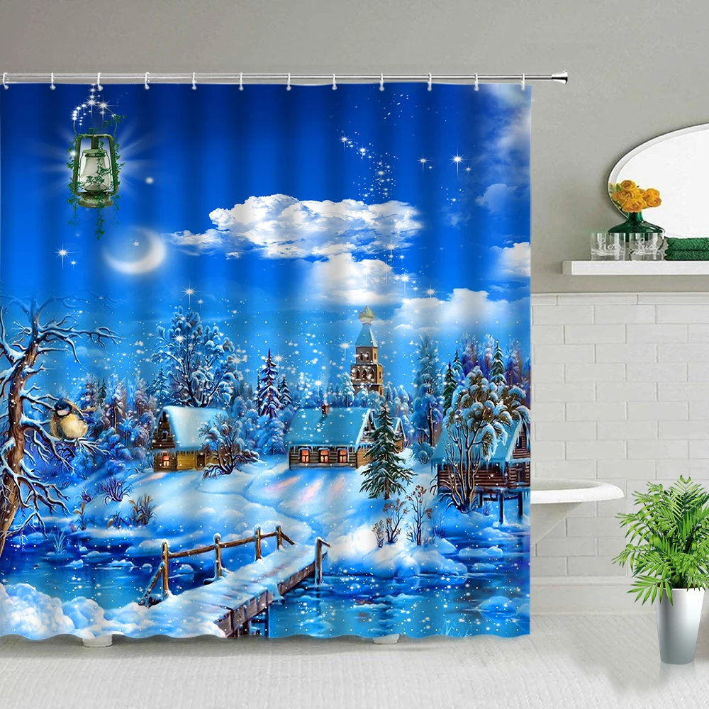Ландшафтная занавеска для душа зимние снежинки дома дерево ледяное озеро