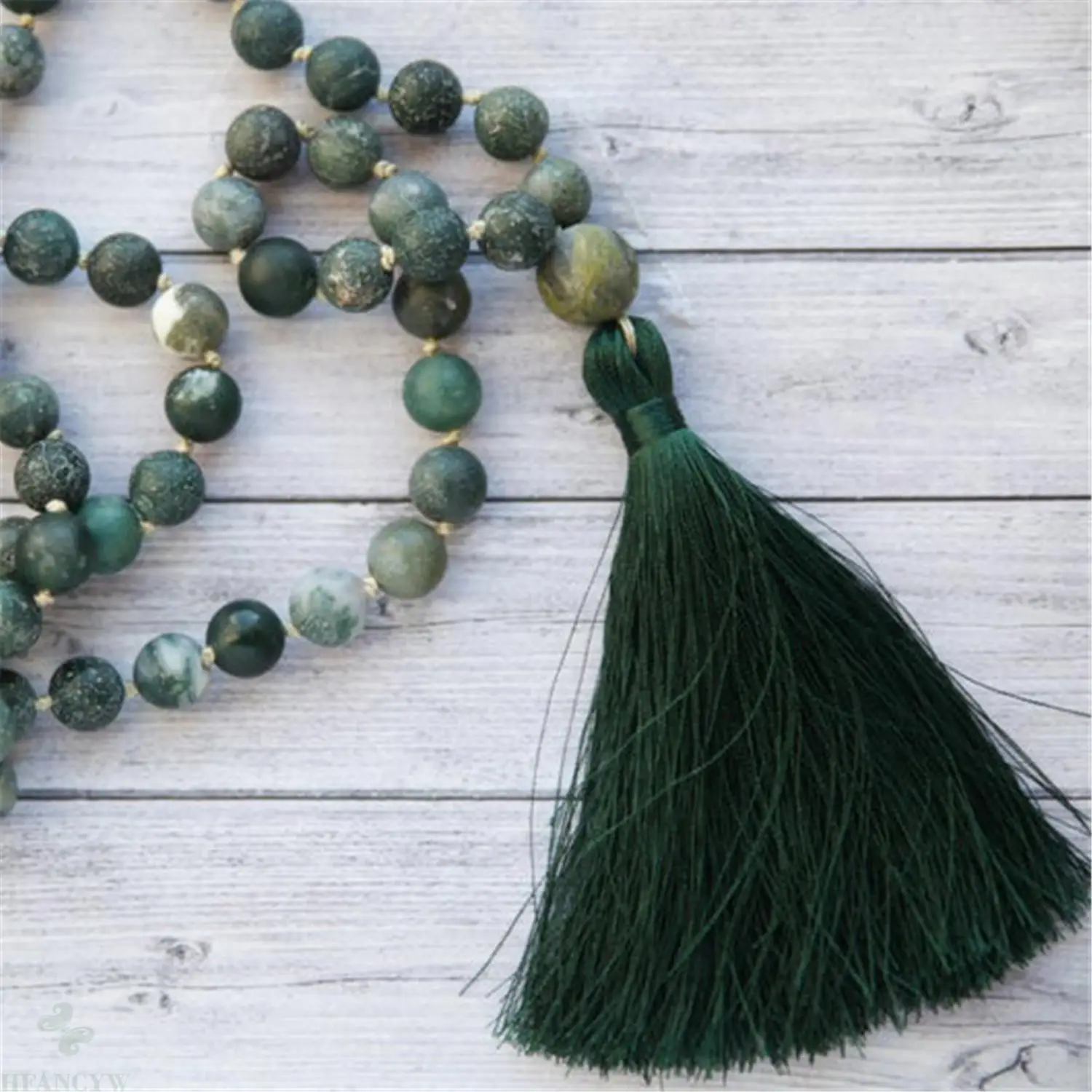 8 мм Агат цвета зеленого мха 108 бусин ручная работа кисточкой ожерелье Йога для