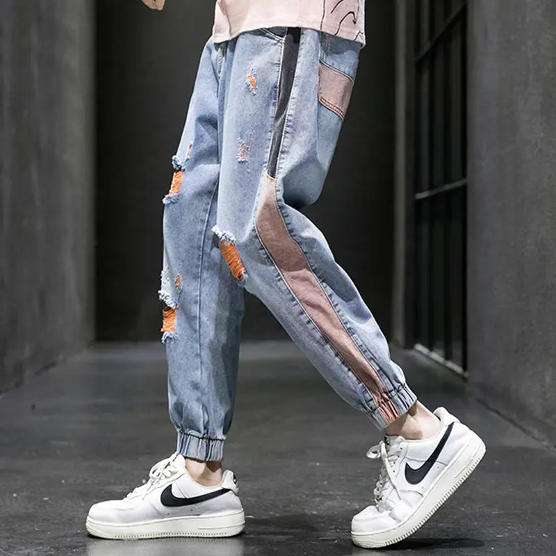 

Light luxury hole nine jeans men's straight leg loose Japanese trend cargo pants spring summer thin casual Harlem pants