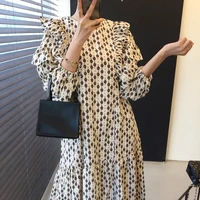 korean chic ruffles pleated a line dress 2020 autumn female new loose casual o neck vintage print long sleeve minimalist dress