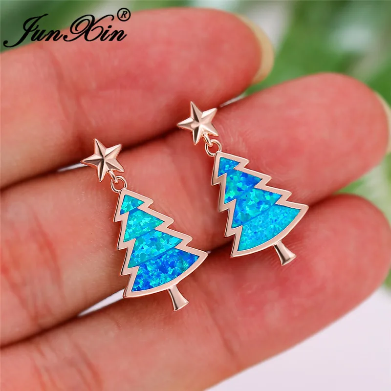 Christmas Tree Stud Earrings For Women Men White Gold Rose Color Blue Fire Opal Wedding Cute Star Earring Jewelry | Украшения и