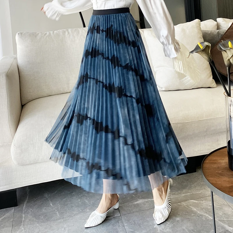 

Bohemian Tie Dye Print Skirt 2021 Spring Summer Chic Hawii Female Long Pleated Skirt Boho DOuble Sided Wears Beach Skirt
