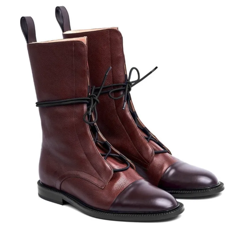 

2021 New Women Low Heels Shoes Patent Leather Western Boots Black Pointed Toe Booties Female Mid Calf Martin Women Lace Up Boots